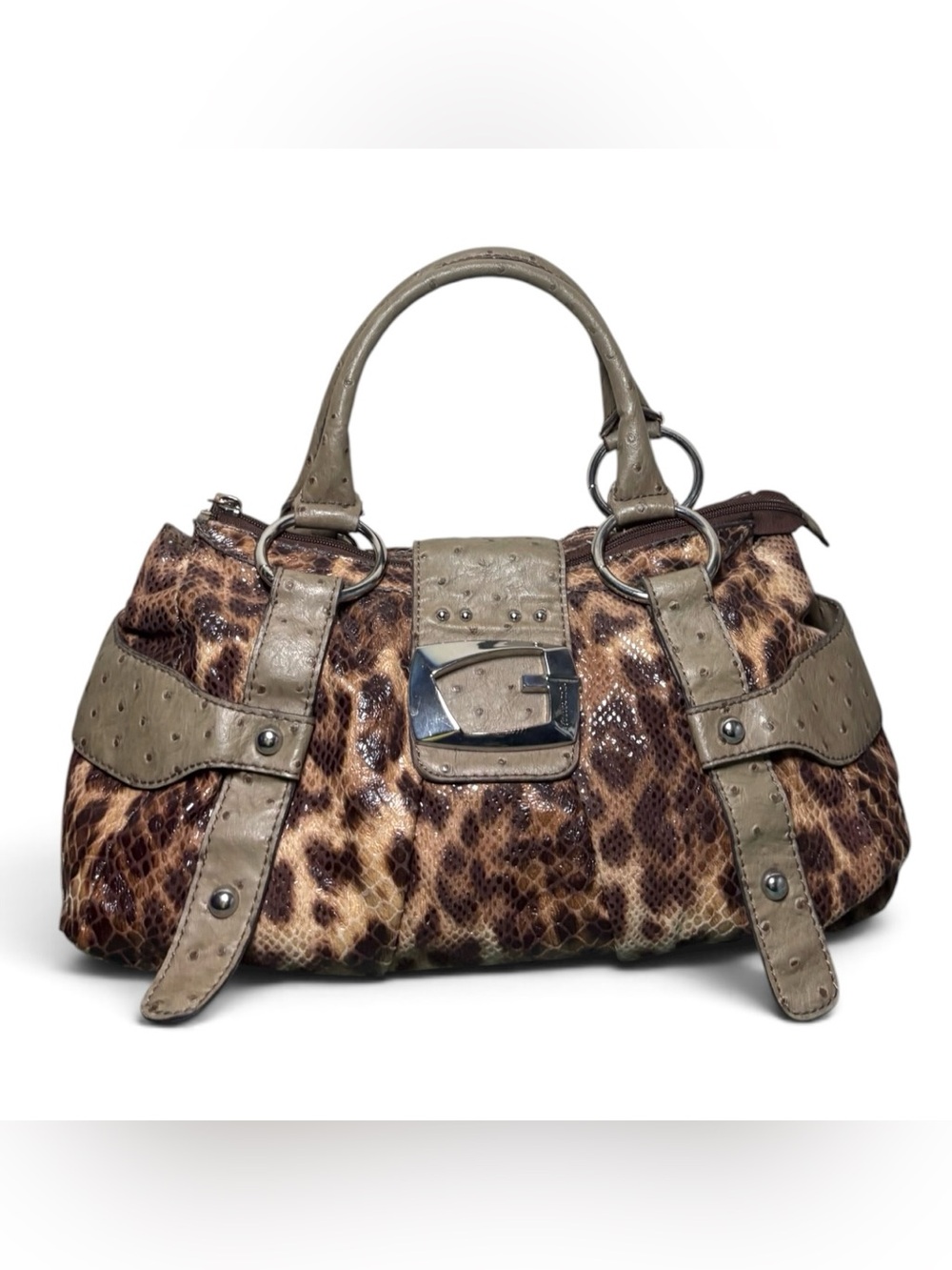 Vintage Y2K Guess G Logo Leopard Print Satchel Bag Green Ostrich Leather Trim